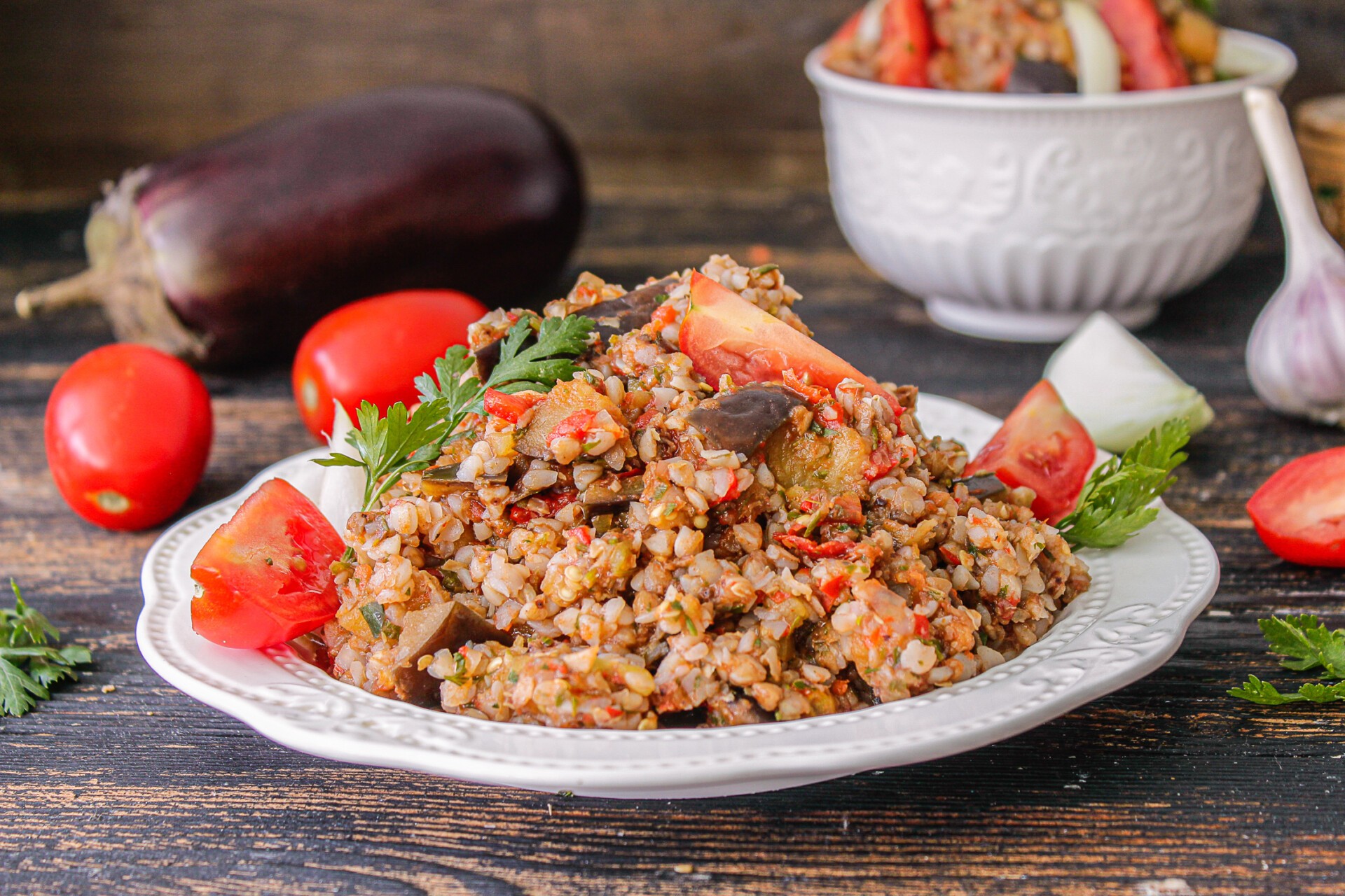 Обложка рецепта Гречка с баклажанами и овощами