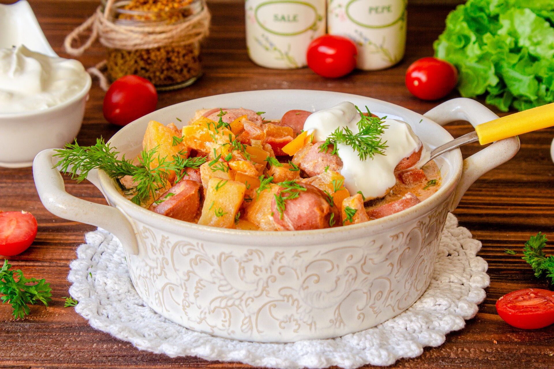 Обложка рецепта Овощное рагу с сосисками и картошкой