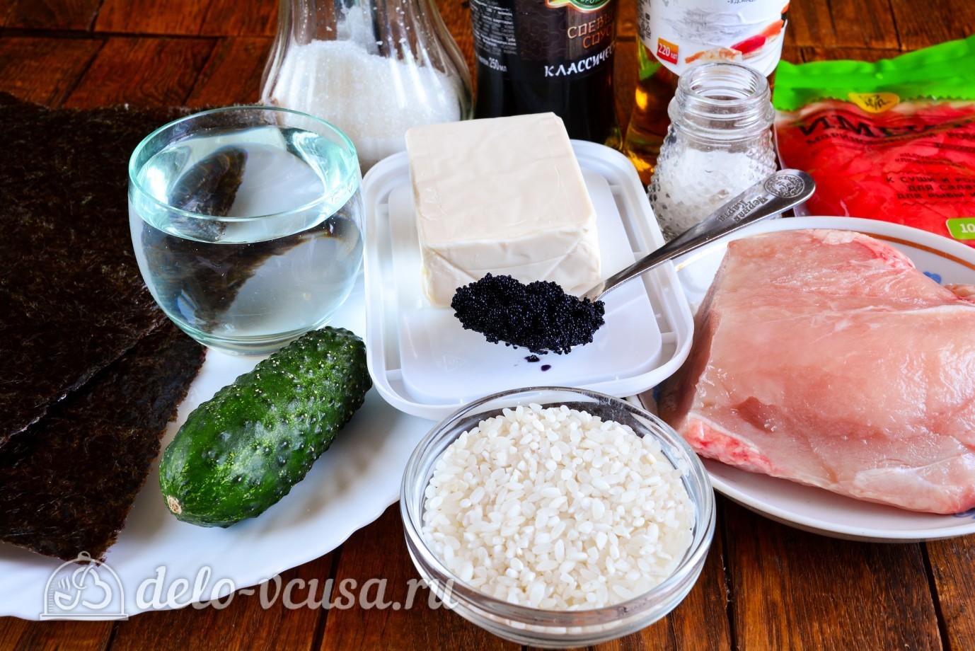 Ингредиенты Роллы с огурцом, курицей и тофу Фото ингредиенты Роллы с огурцом, курицей и тофу