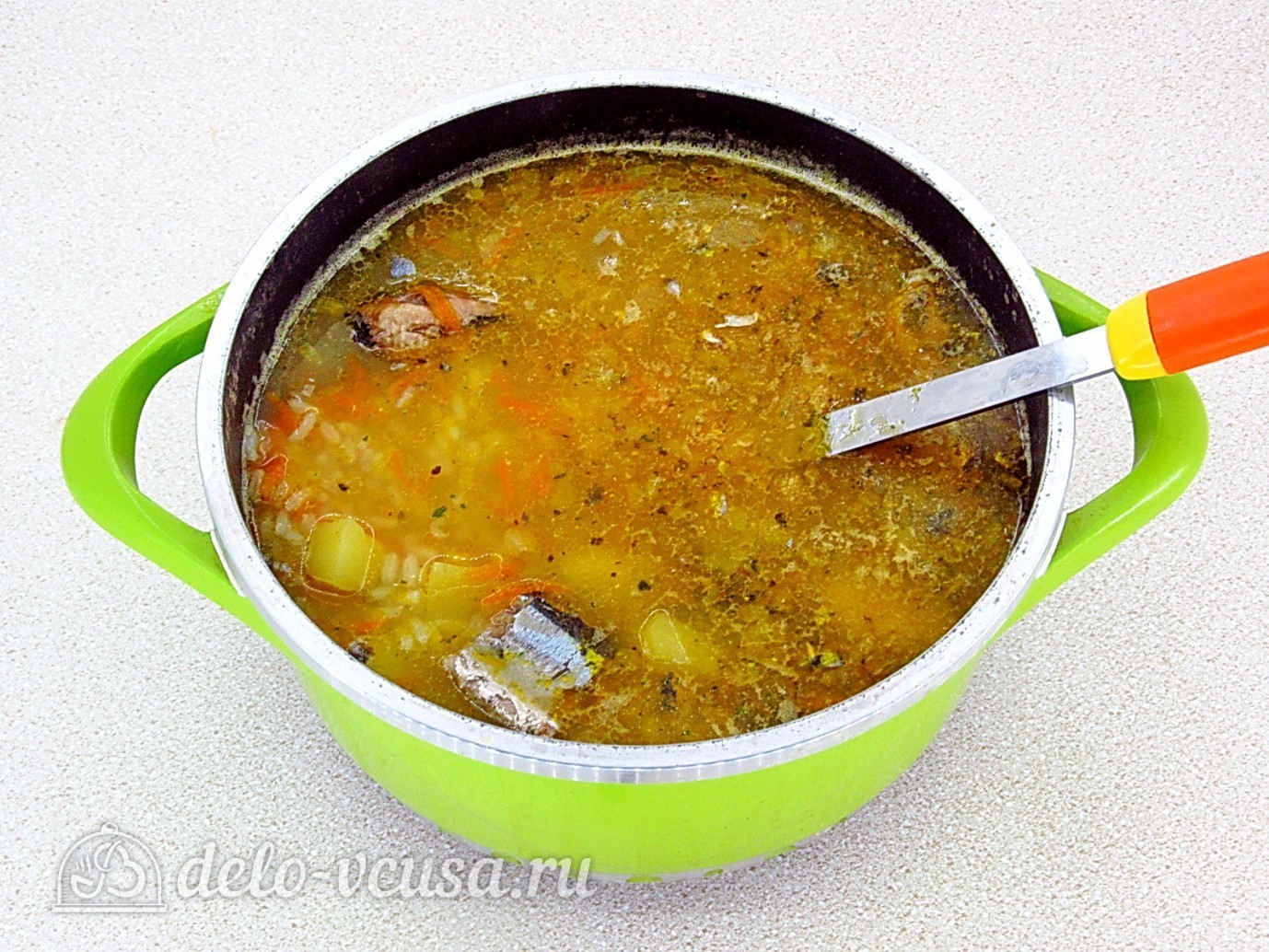 Шаг 12 приготовления Суп из рыбной консервы с рисом