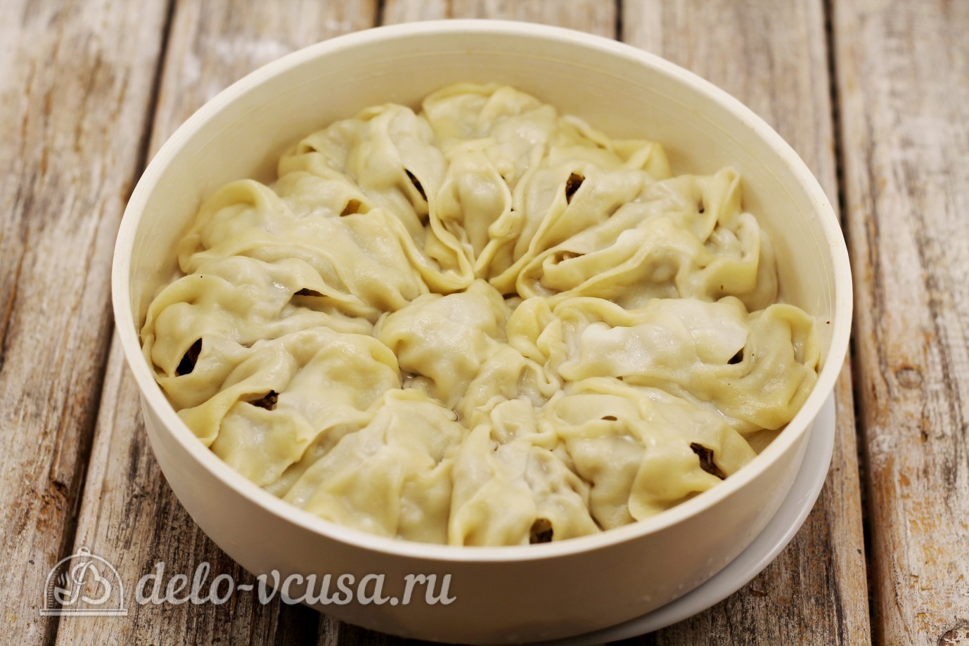 Шаг 14 приготовления Манты с бараниной