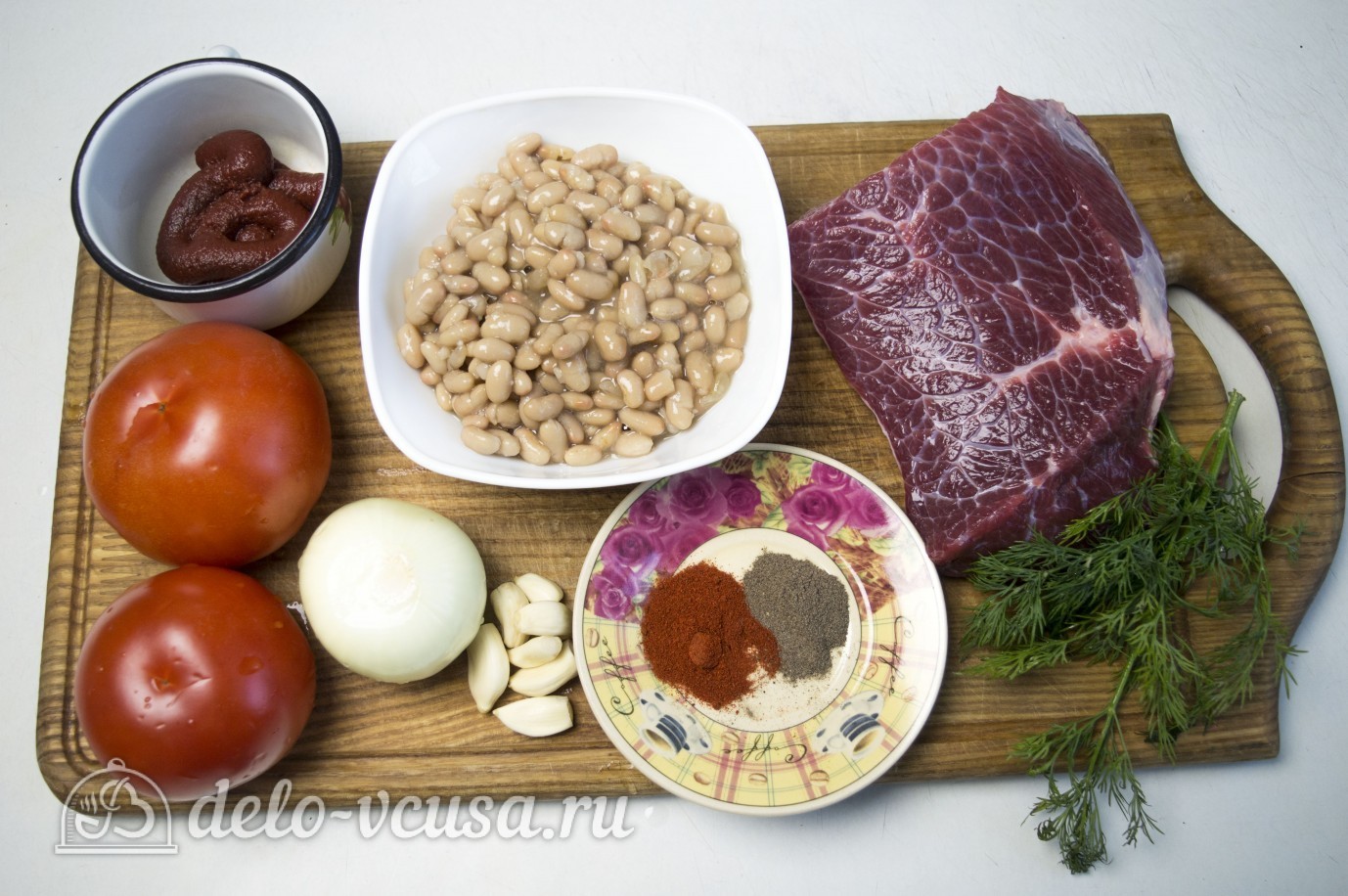 Ингредиенты Мясо с фасолью в томатном соусе Фото ингредиенты Мясо с фасолью в томатном соусе