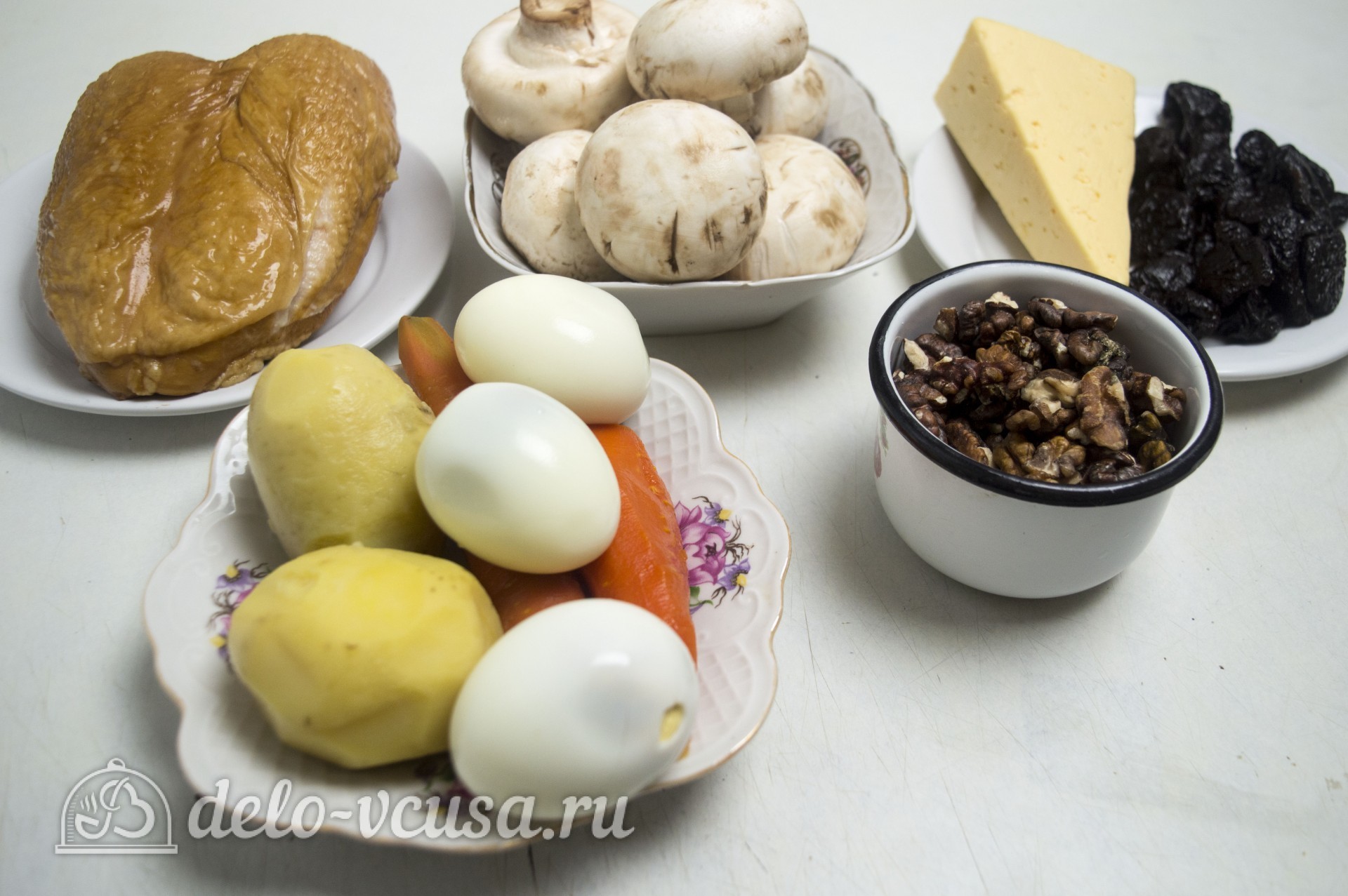 Ингредиенты Закусочный салат-торт с копченой курицей Фото ингредиенты Закусочный салат-торт с копченой курицей