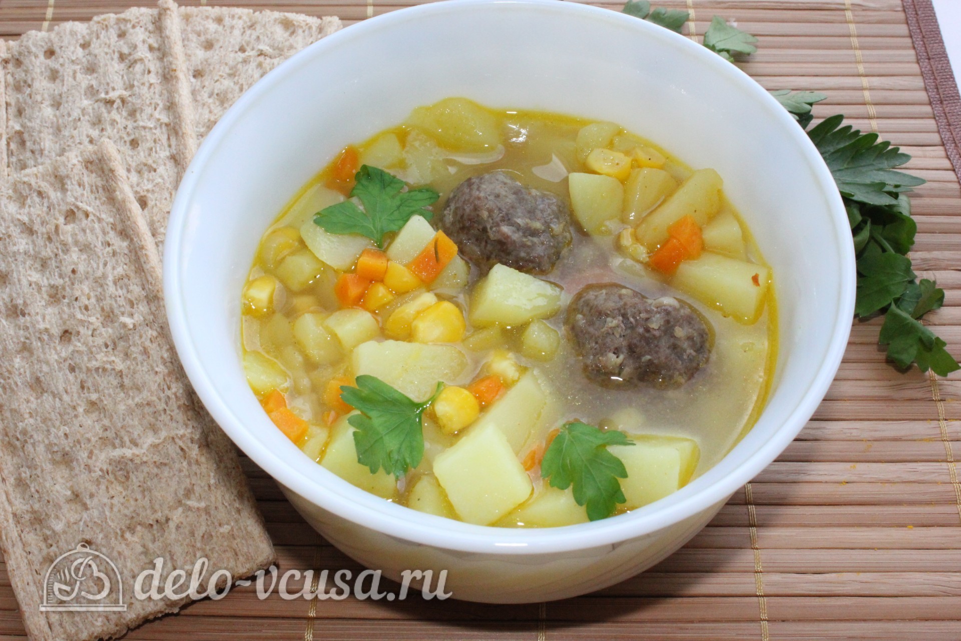 Шаг 7 приготовления Суп с кукурузой и фрикадельками