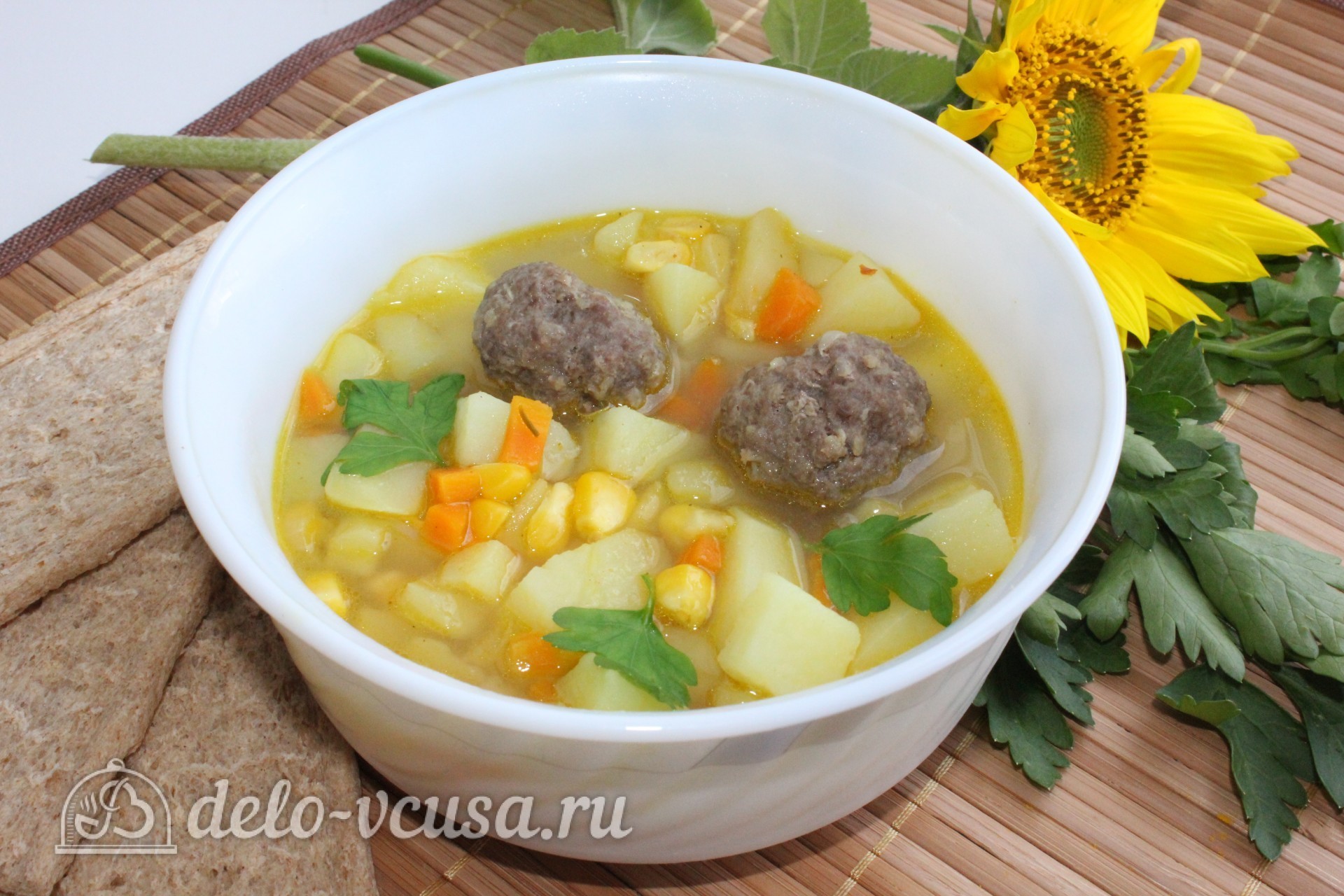 Обложка рецепта Суп с кукурузой и фрикадельками