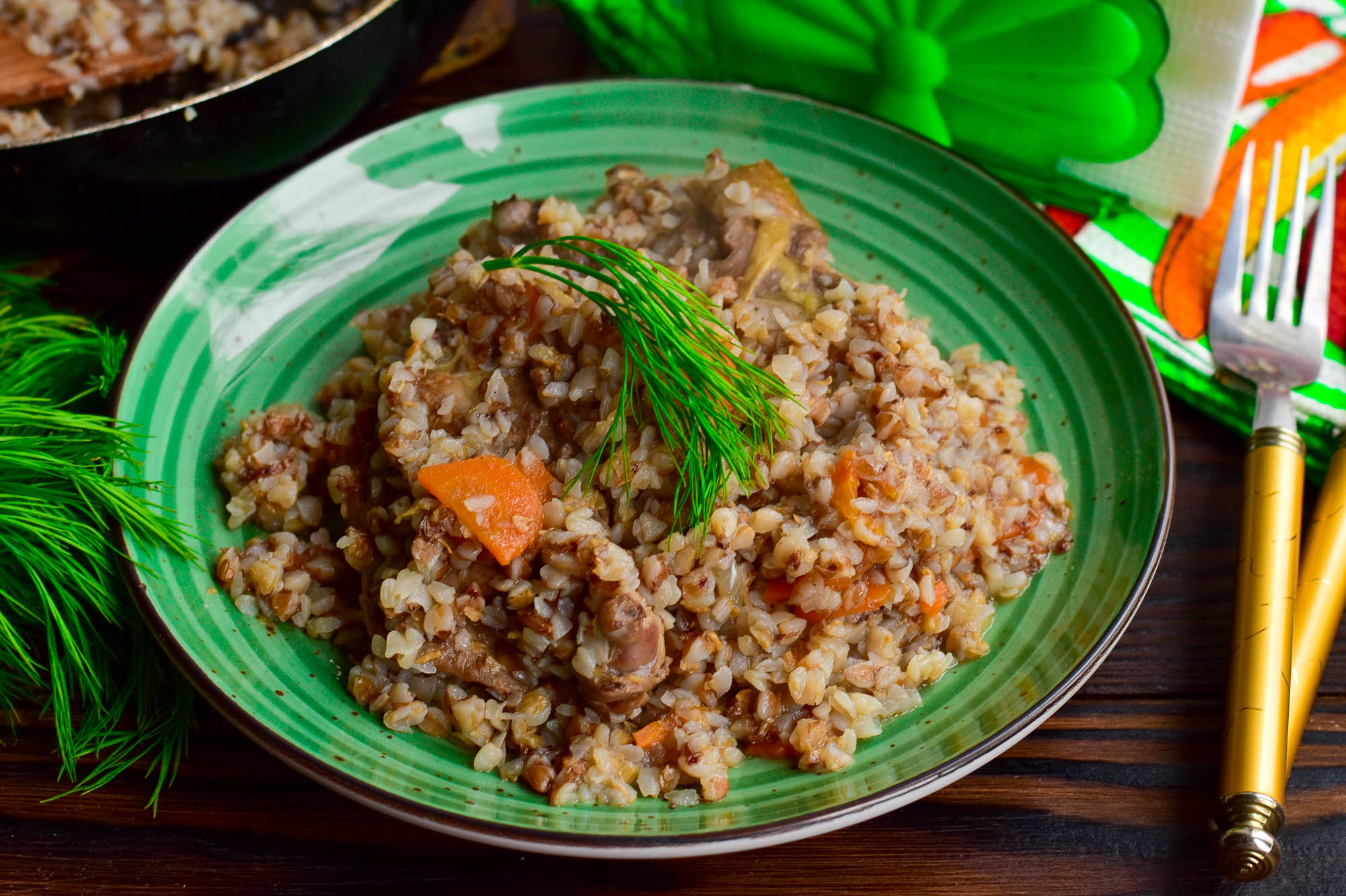 Обложка рецепта Гречка с курицей на сковороде