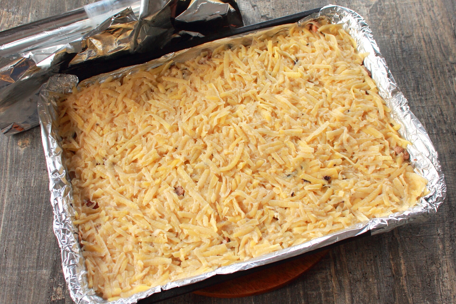 Шаг 9 приготовления Картофельная бабка с мясом и грибами