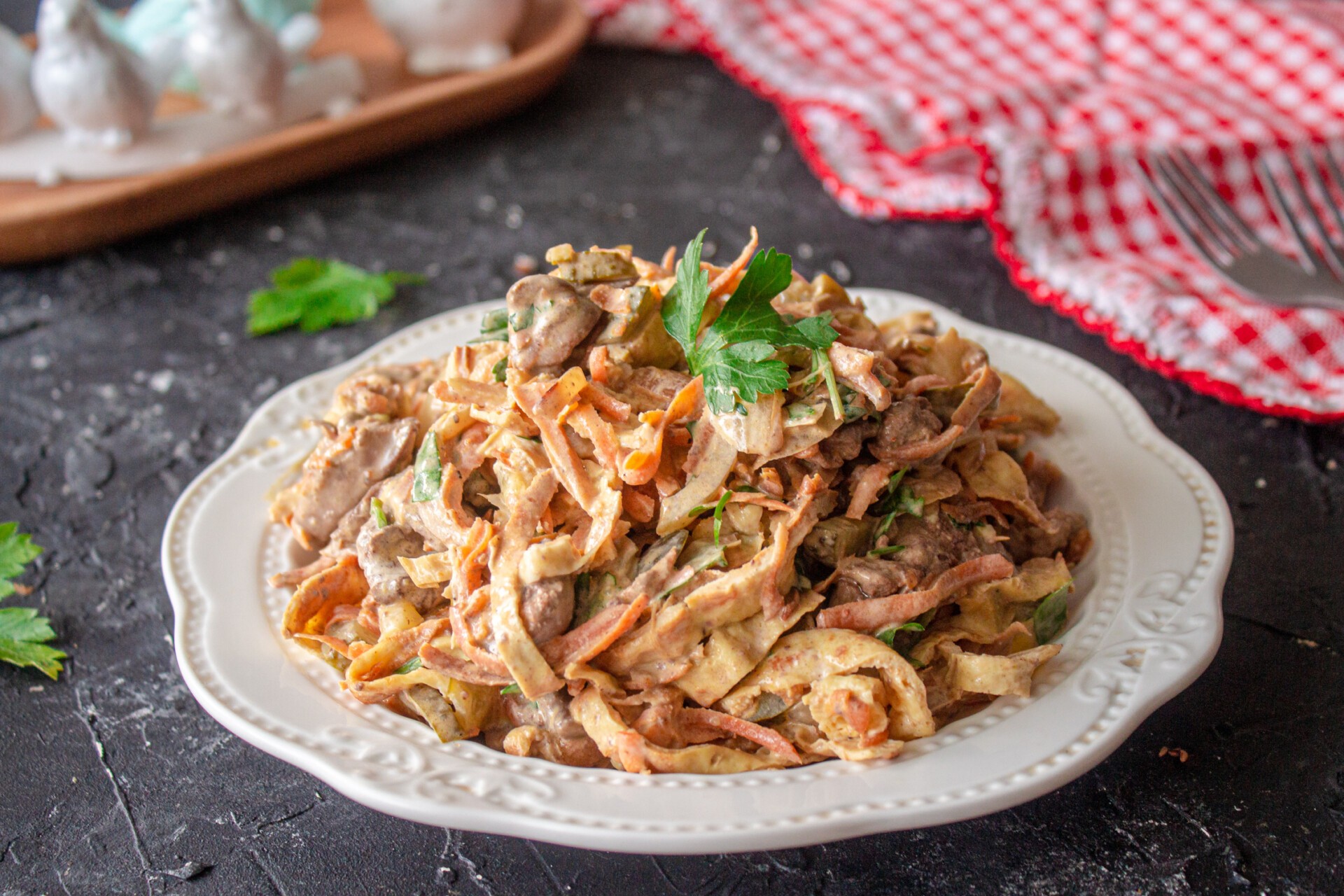 Обложка рецепта Блинный салат с куриной печенью