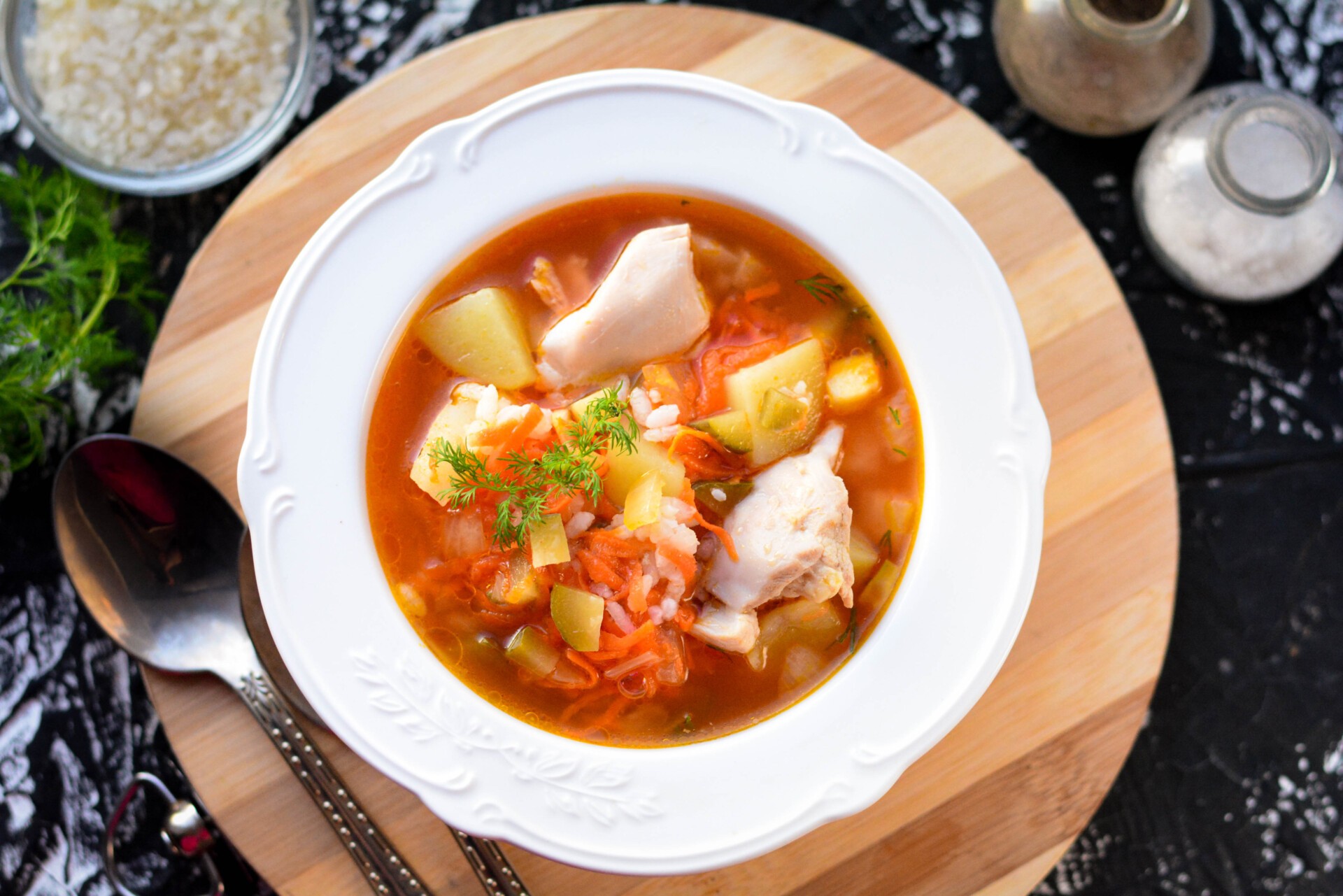 Шаг 12 приготовления Рассольник с курицей и рисом