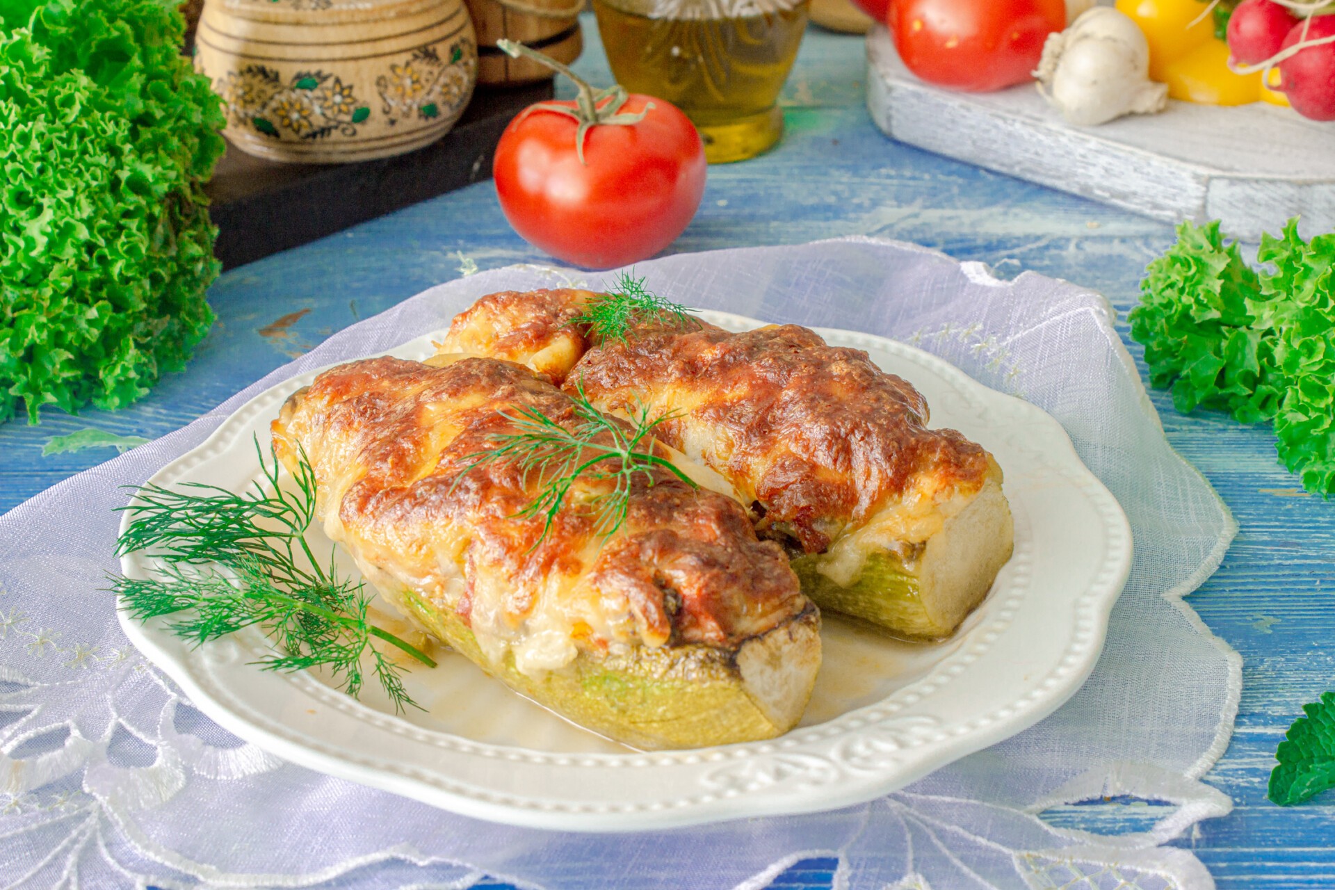Обложка рецепта Фаршированные кабачки с курицей и грибами