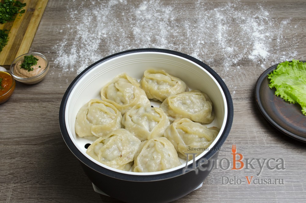 Шаг 30 приготовления Манты с мясом и тыквой в мультиварке