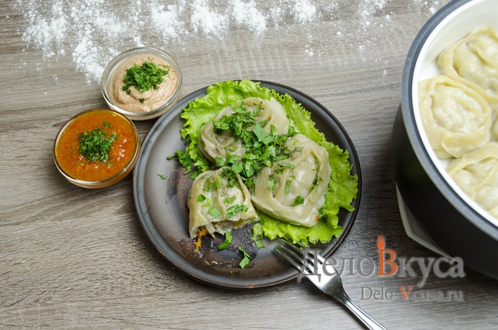 Шаг 31 приготовления Манты с мясом и тыквой в мультиварке