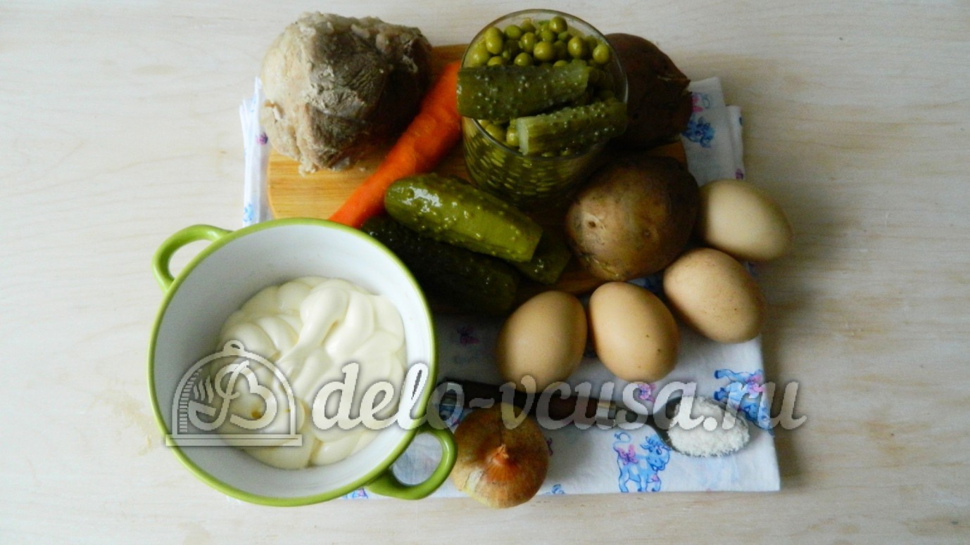 Ингредиенты Оливье с мясом Фото ингредиенты Оливье с мясом