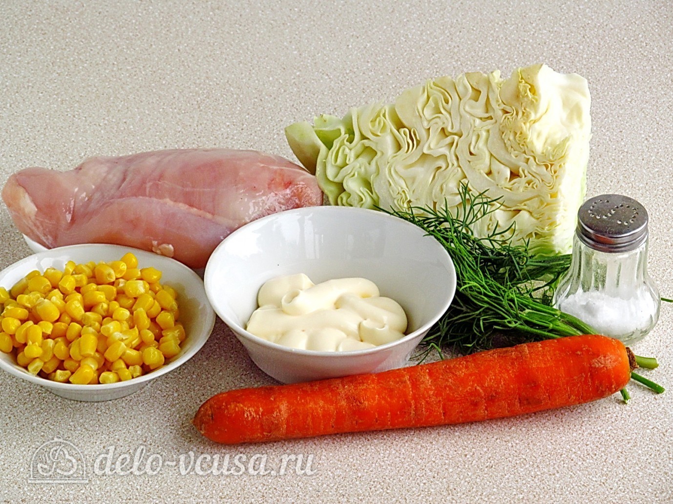 Ингредиенты Салат из капусты, курицы и кукурузы Фото ингредиенты Салат из капусты, курицы и кукурузы