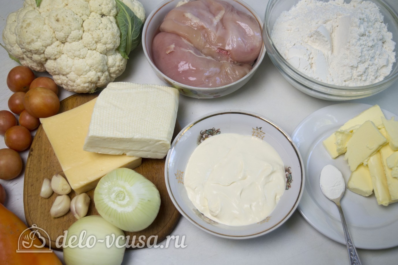 Ингредиенты Открытый пирог с курицей и овощами Фото ингредиенты Открытый пирог с курицей и овощами
