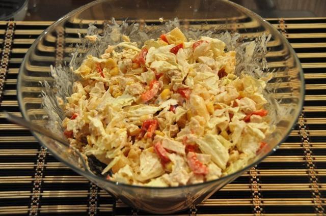 Шаг 7 приготовления Салат из курицы с пекинской капустой, кукурузой и ананасами