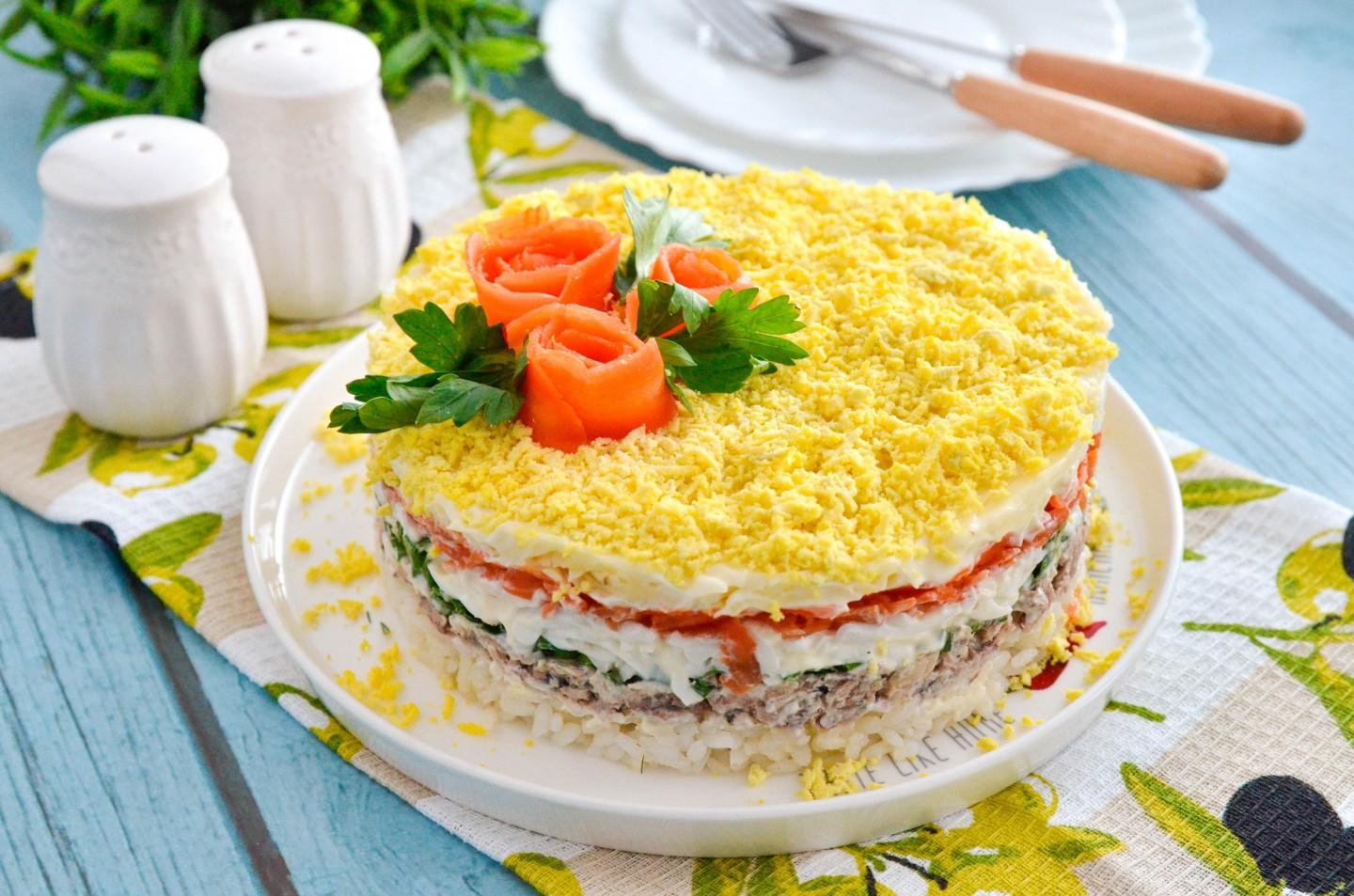 Обложка рецепта Салат Мимоза с консервами и рисом