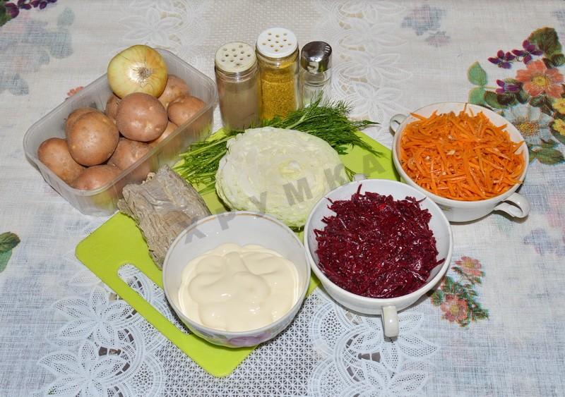 Шаг 1 приготовления Салат Ералаш с корейской морковью, картошкой фри и мясом