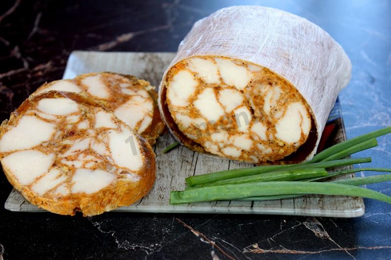 Обложка рецепта Колбаса из курицы с чесноком карри желатином