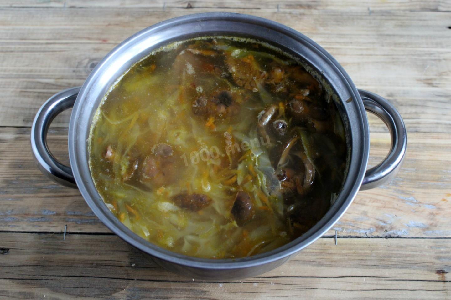 Шаг 10 приготовления Щи с грибами и свежей капустой