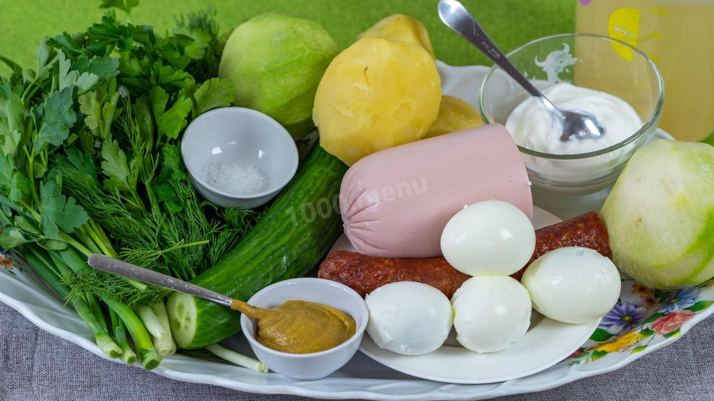 Шаг 1 приготовления Окрошка с колбасой и овощами на квасе