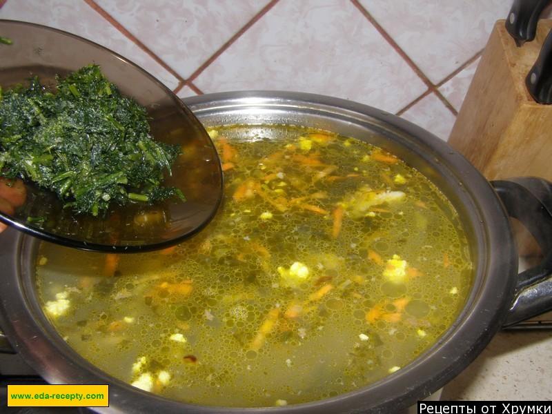 Обложка рецепта Зелёный борщ на мясе со щавелем, зеленью и яйцом