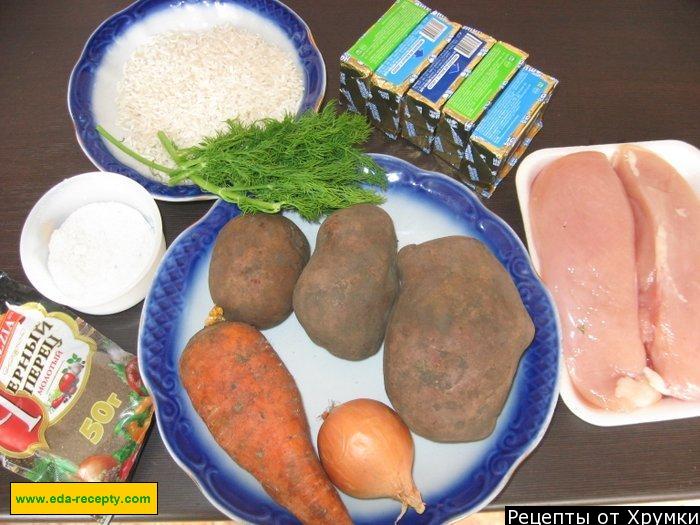 Шаг 1 приготовления Сырный суп пюре с курицей, рисом и картошкой
