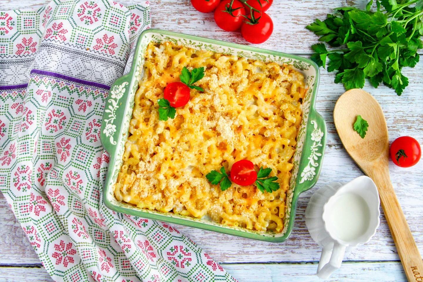 Обложка рецепта Макароны со сливками в духовке