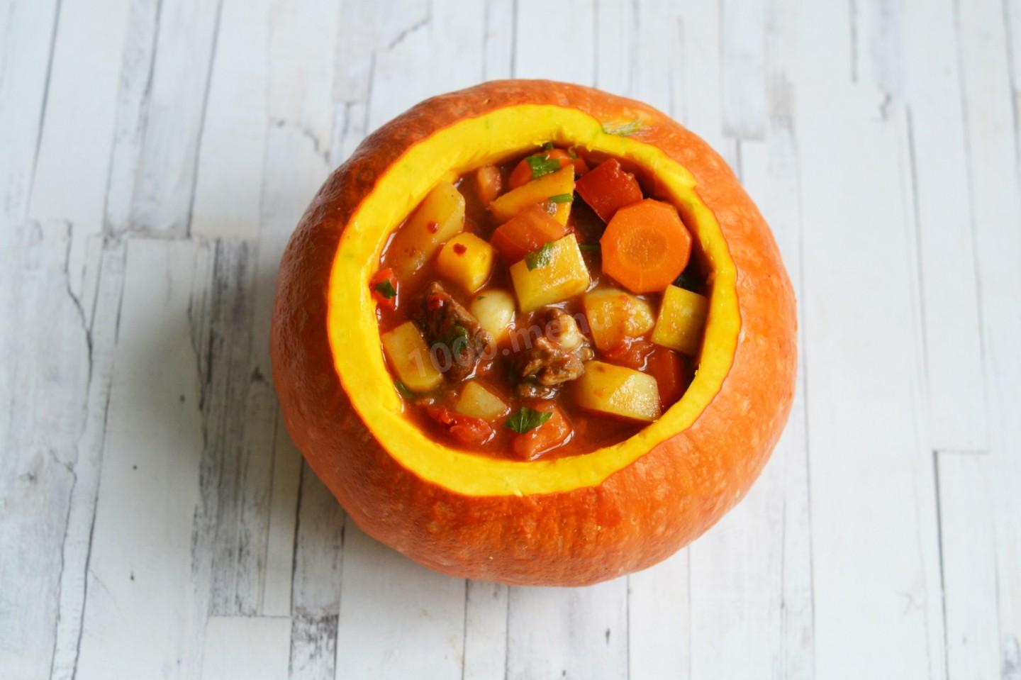Шаг 16 приготовления Жаркое в тыкве в духовке с мясом