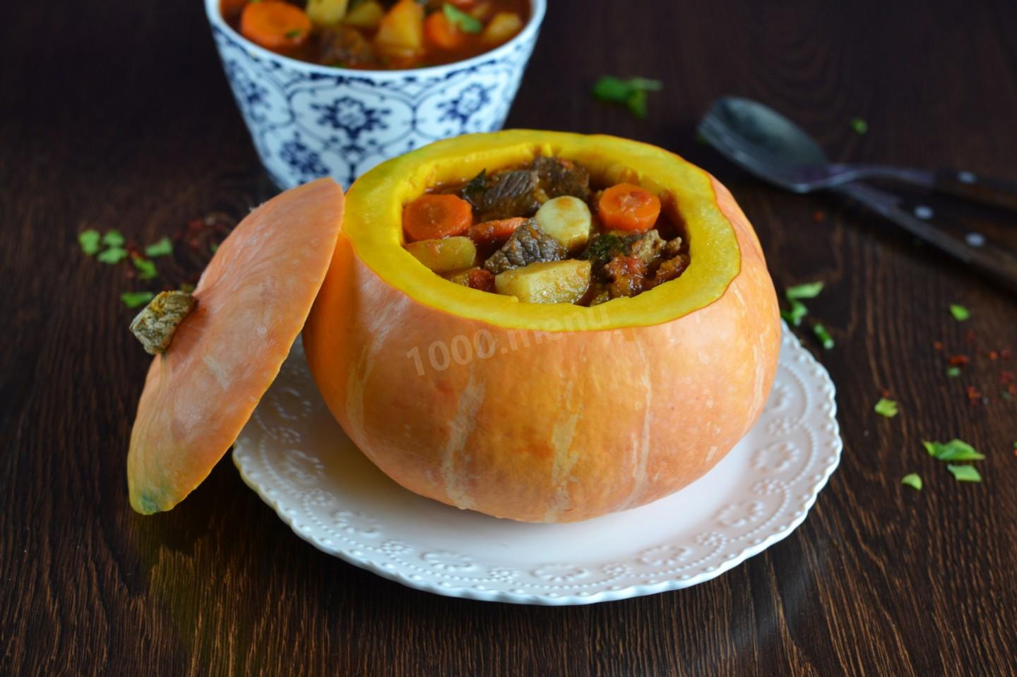 Шаг 19 приготовления Жаркое в тыкве в духовке с мясом