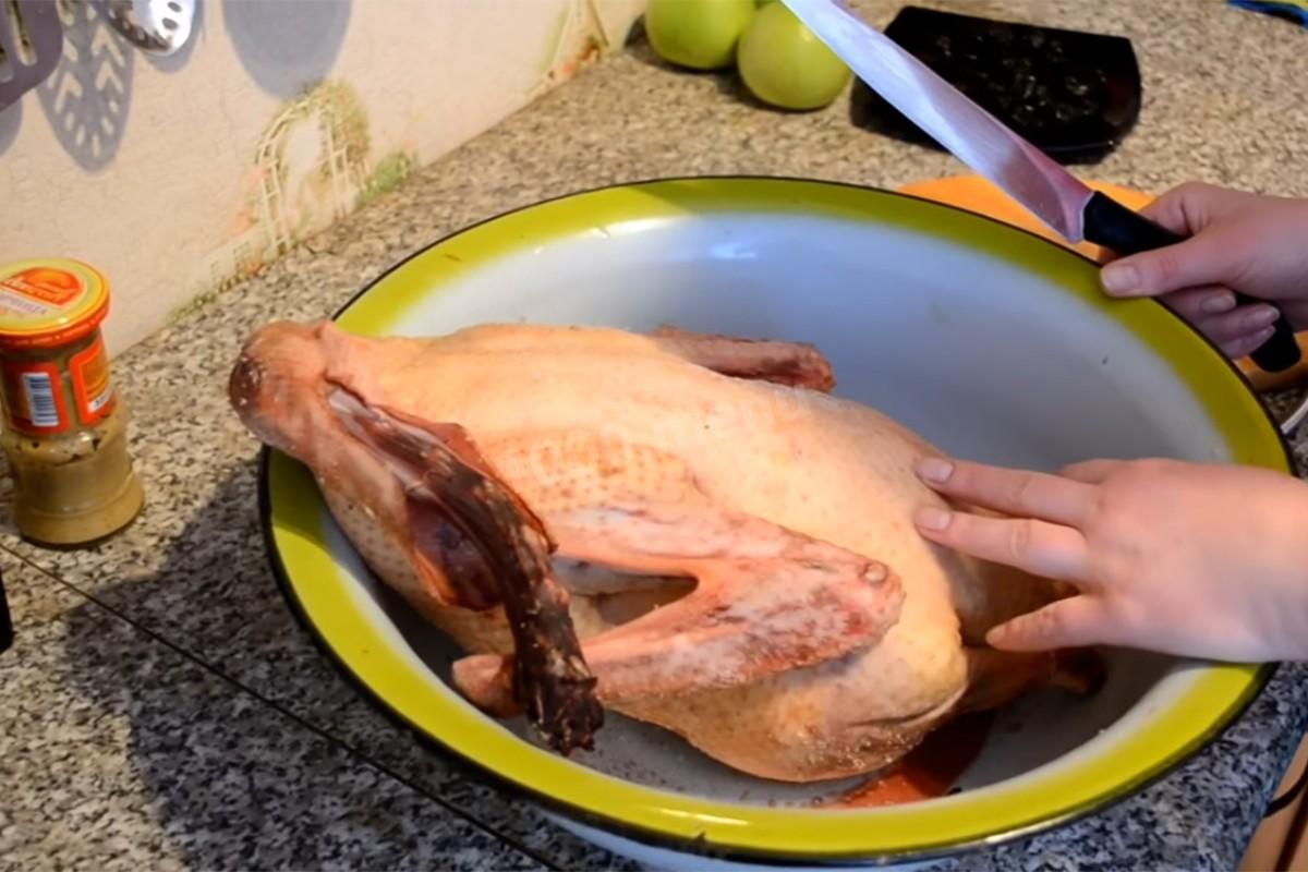 Шаг 1 приготовления Гусь с черносливом и яблоками целиком