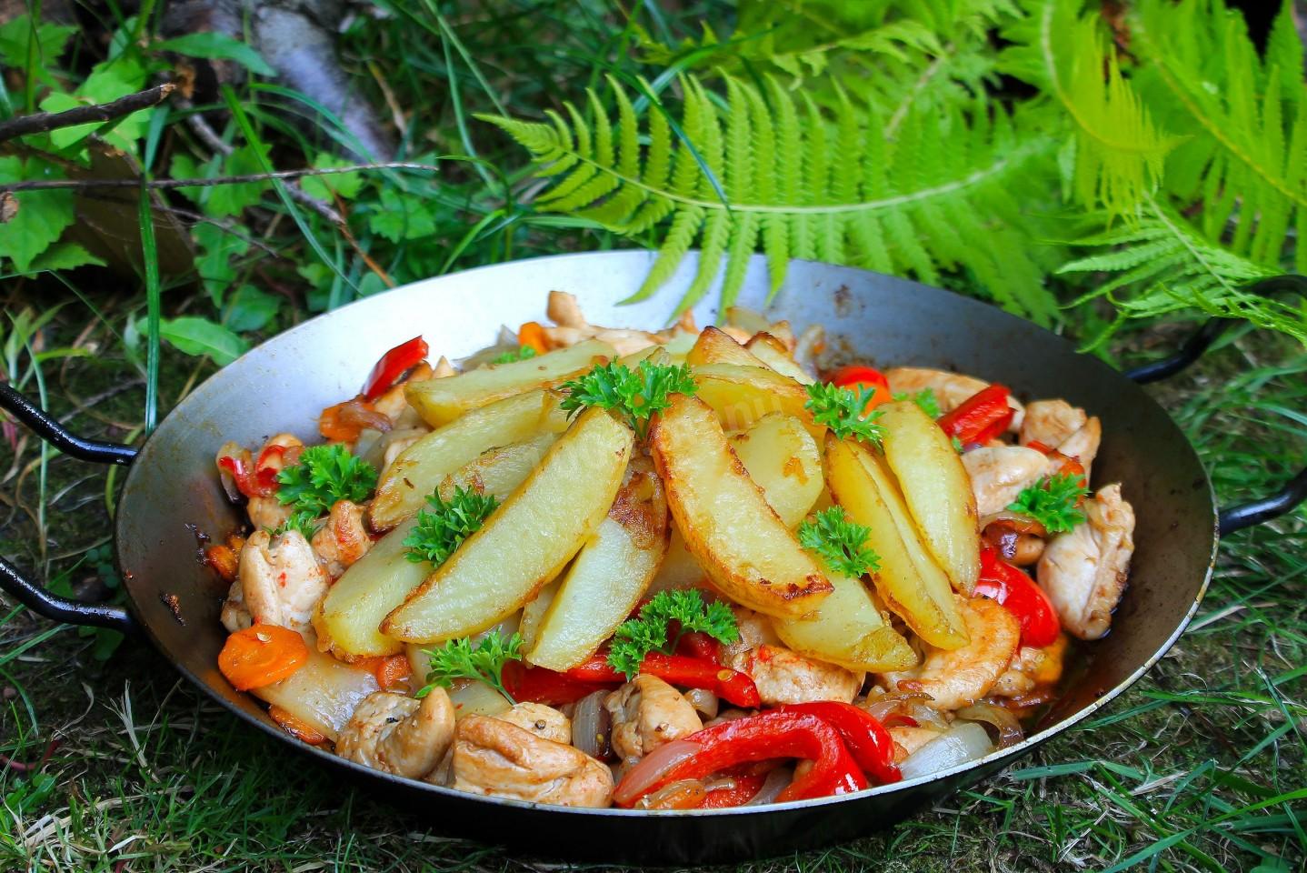 Обложка рецепта Курица с овощами в сковороде на костре