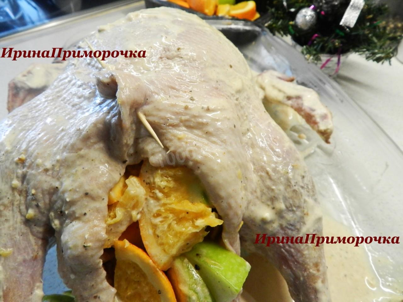 Шаг 5 приготовления Утка с яблоками и апельсинами, запеченная в рукаве