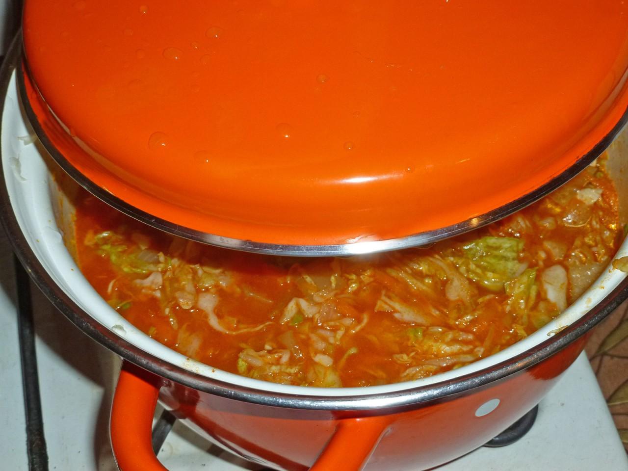 Шаг 13 приготовления Тушеная капуста с курицей и морковью в кастрюле