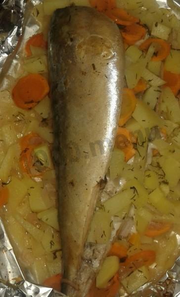 Шаг 4 приготовления Скумбрия с картофелем луком морковкой и специями в фольге