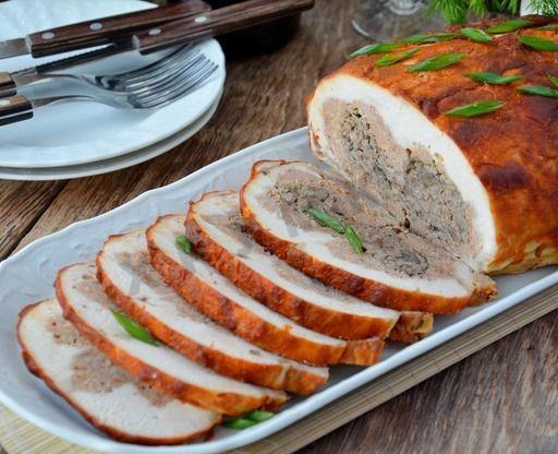 Шаг 14 приготовления Курица, фаршированная свининой грибами и фасолью