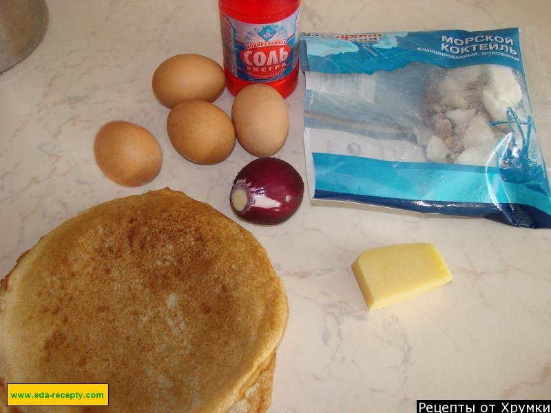 Шаг 1 приготовления Корзинки из блинов с начинкой из морепродуктов