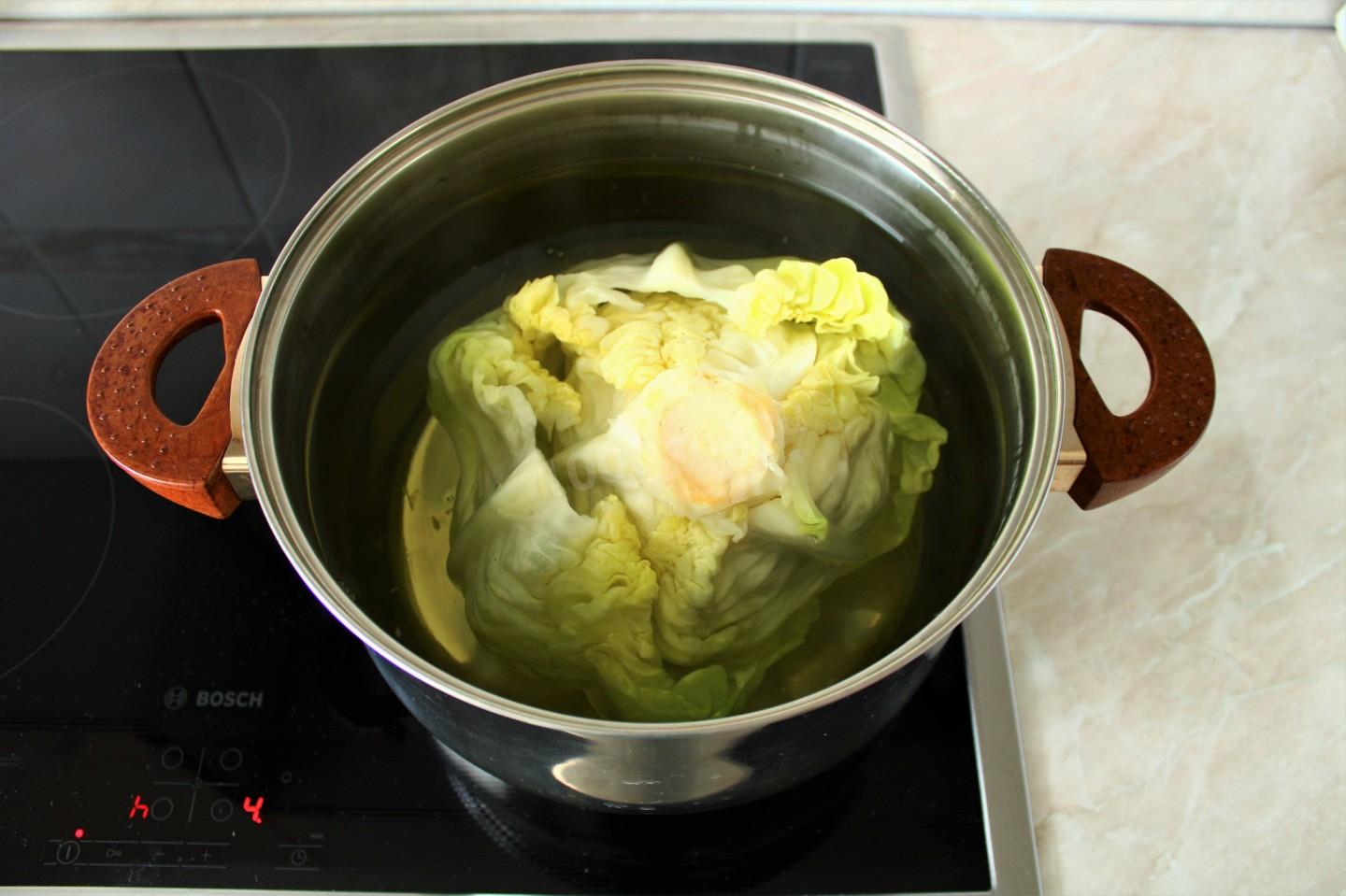 Шаг 3 приготовления Капустные голубцы из свежей капусты с мясом в кастрюле