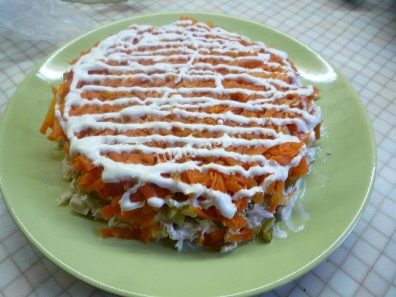 Шаг 10 приготовления Салат Подарок с курицей и маринованными шампиньонами