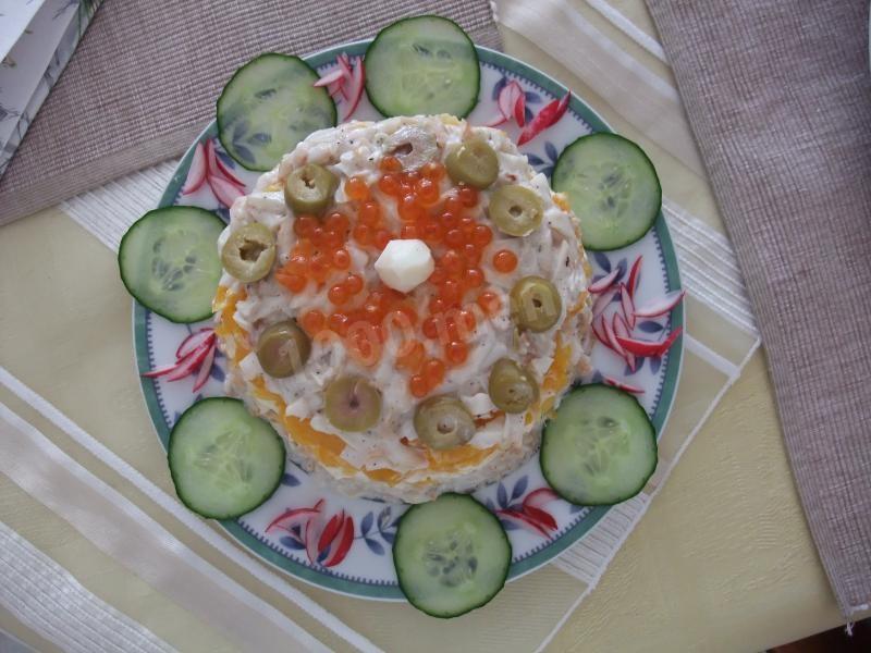 Обложка рецепта Салат Жемчужина с икрой и семгой слоями