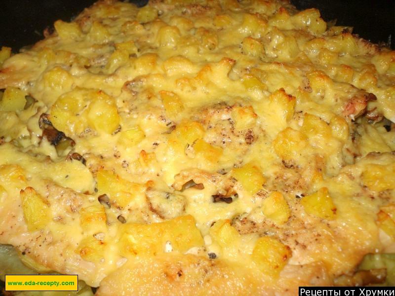 Шаг 7 приготовления Картошка с ананасами в духовке с грибами и курицей