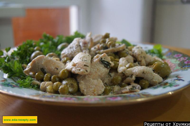 Обложка рецепта Тушеная курица по французски с грибам