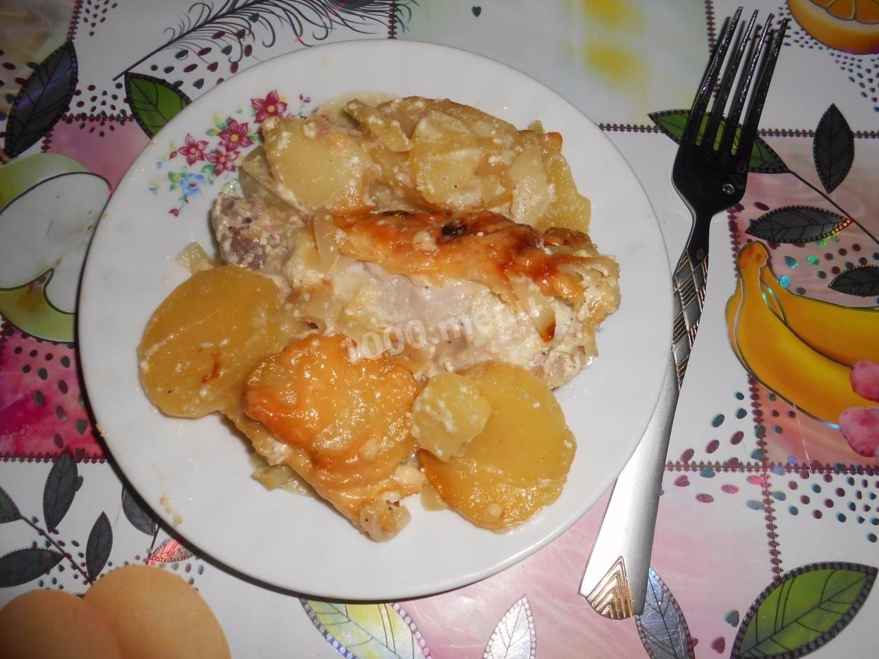 Обложка рецепта Куриные голени с картошкой и сыром под сливками