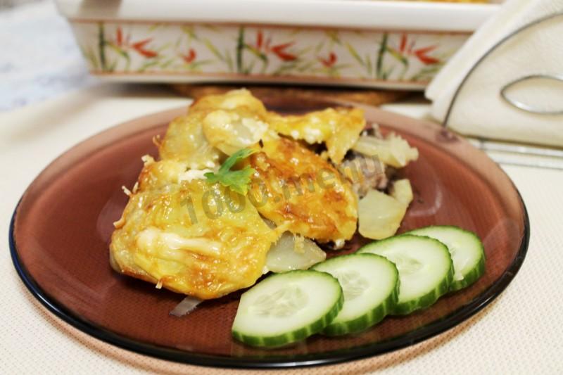 Обложка рецепта Мясо с грибами картошкой и майонезом по царски в духовке