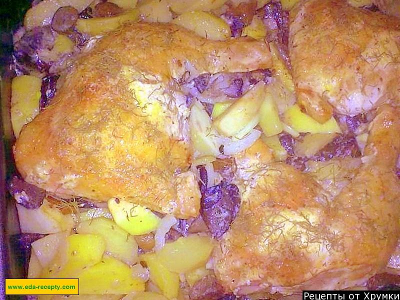 Обложка рецепта Куриные окорочка с картошкой и грибами в духовке
