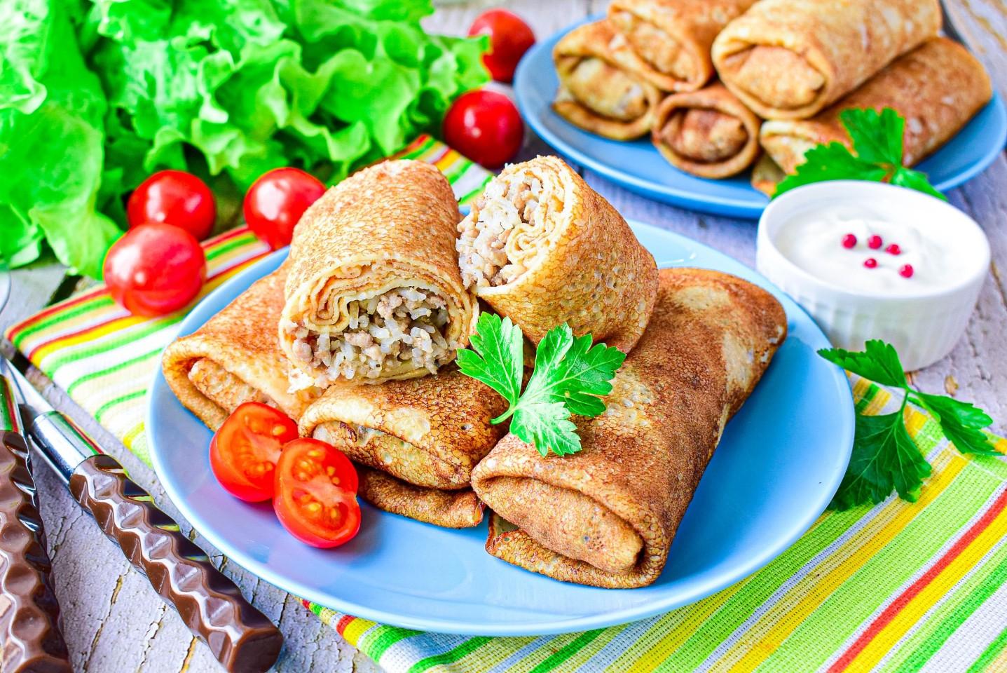 Обложка рецепта Блины с мясом и рисом