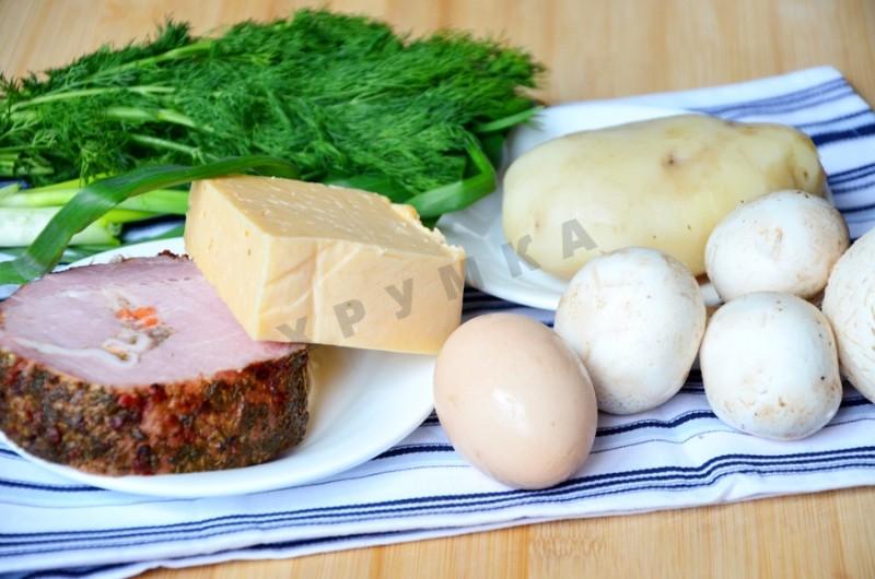 Шаг 1 приготовления Французский пирог с картофелем, ветчиной и грибами