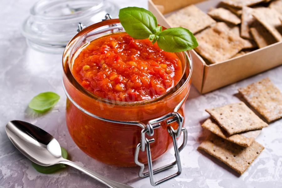Обложка рецепта Аджика с болгарским перцем чесноком кабачками и помидорами