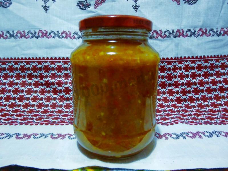 Обложка рецепта Икра из болгарского и острого перца с уксусом на зиму