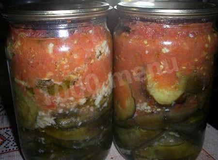 Обложка рецепта Баклажаны с помидорами, чесноком и уксусом на зиму